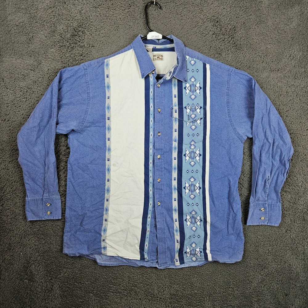Western Frontier Mens XL Blue Southwestern Aztec Button Front Shirt USA